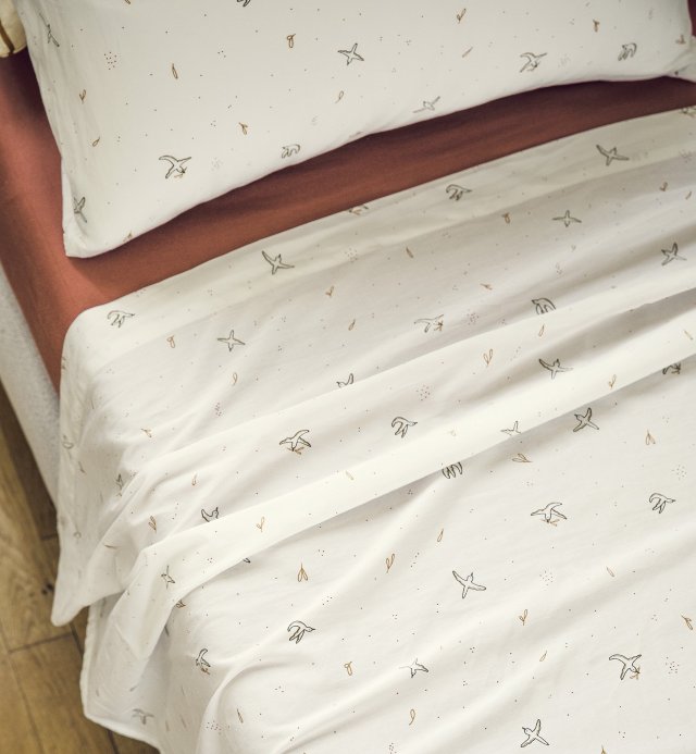 Ecru children's flat sheet with birds l'Envolée- Organic cotton - 180x290 cm