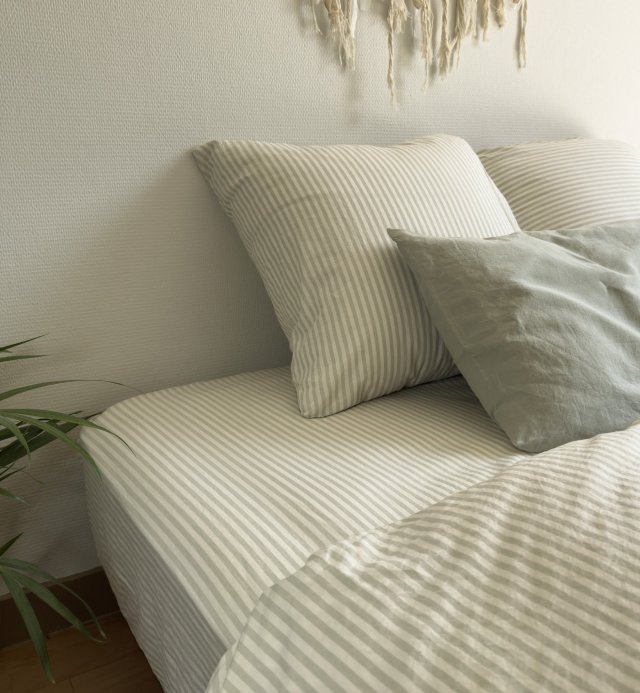 Drap housse Percale de Coton Bio rayé pour lit 2 places  140x190cm  140x200cm 160x200cm ou 180x200cm